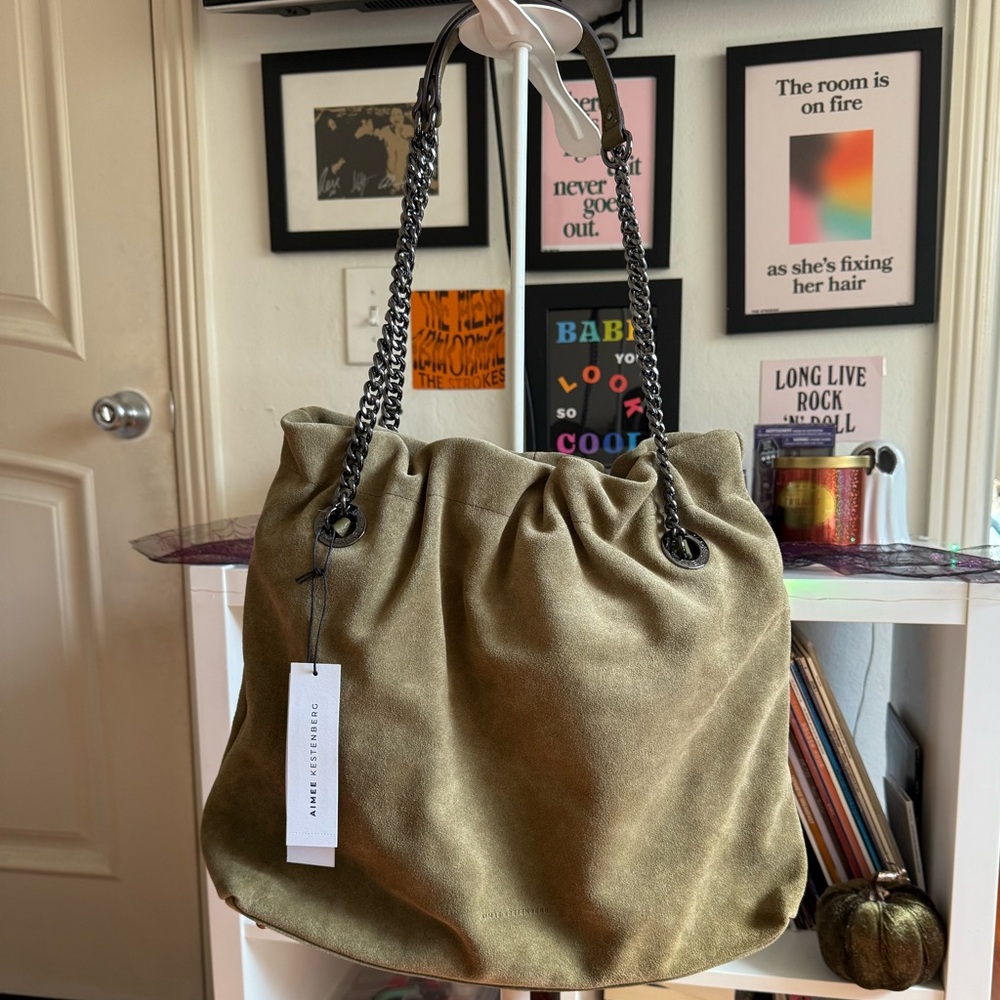 NWT Aimee Kestenberg Olive Green Suede Leather Tribeca Chain Tote Bag - Picture 6 of 16